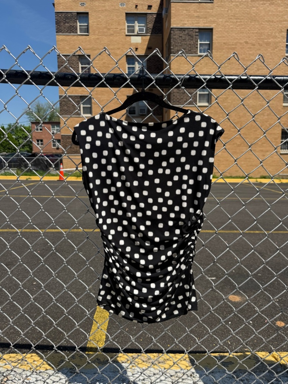 Vince Camuto Black & White Polka Square Ruched Midi Dress